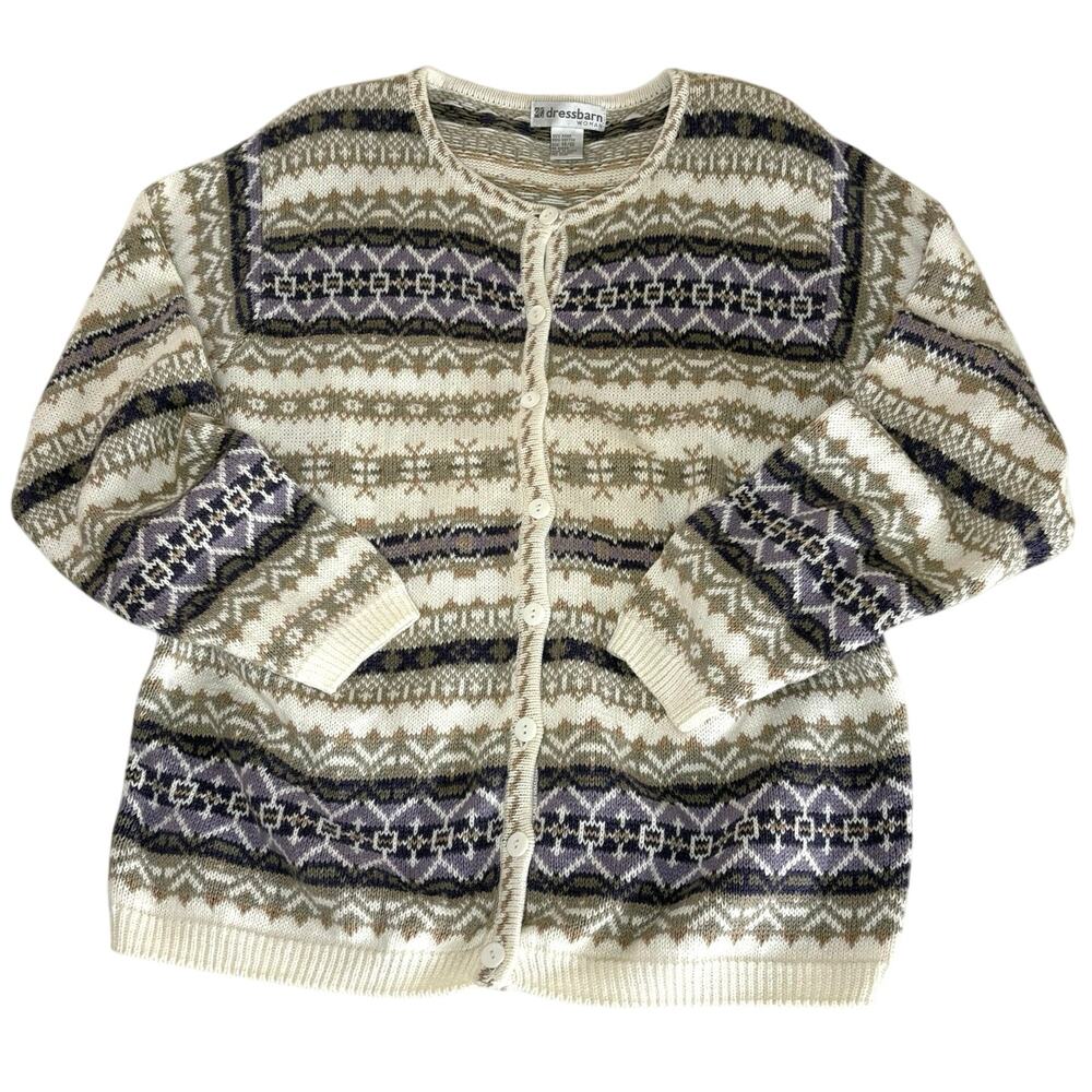 Vintage Dressbarn Woman Fair Isle Cardigan Women's 14/16 Cream Sage